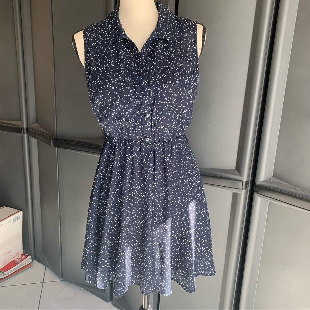 H&M navy button up, collared skater skirt dress with white stars pattern